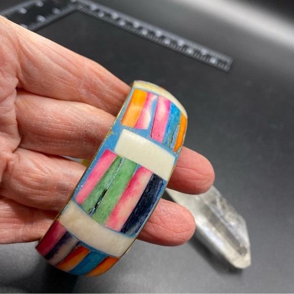 Brass & Bone Inlay Dyed Multicolored Natural Bohemian Chunky Bangle Bracelet - Picture 4 of 7